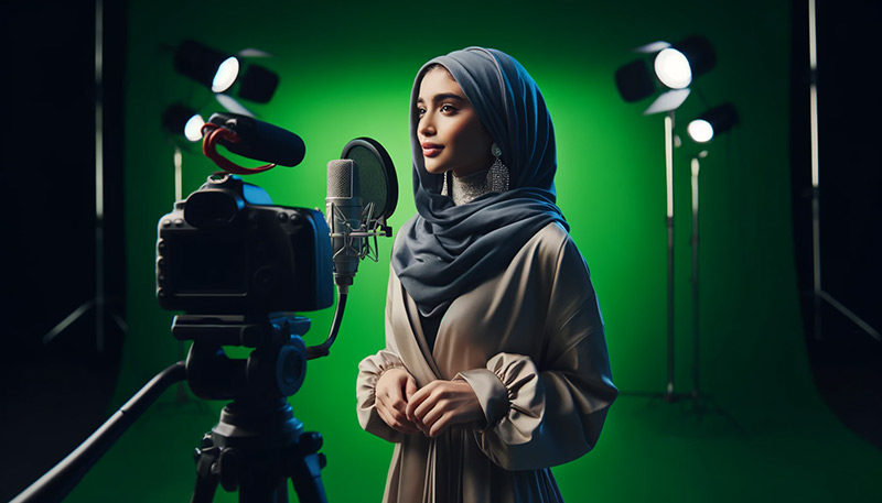 یک دختر ایرانی در حال ضبط ویدئو با تجهیزات تولید محتوای ویدئویی مثل دوربین و کروماکی و میکروفون